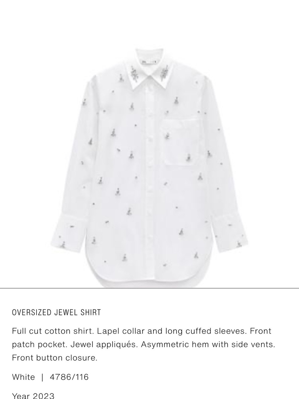 Zara White Oversized Jewel-Embellished Button-Down Shirt